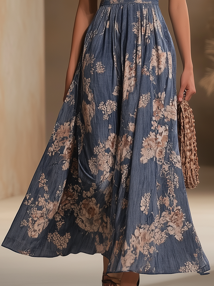 V-neck Dark Blue Sleeveless Maxi Dress With Beige Floral Print