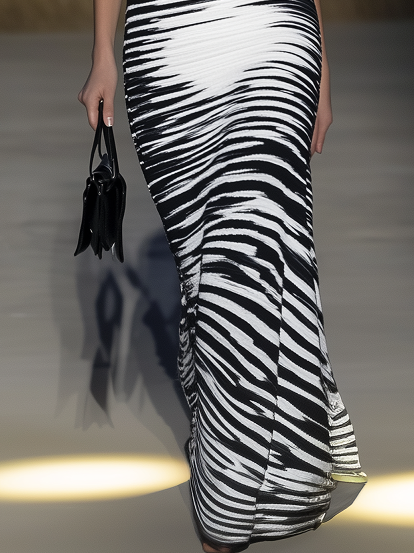 Off Shoulder White Maxi Dress With Black Gradient Stripe Print