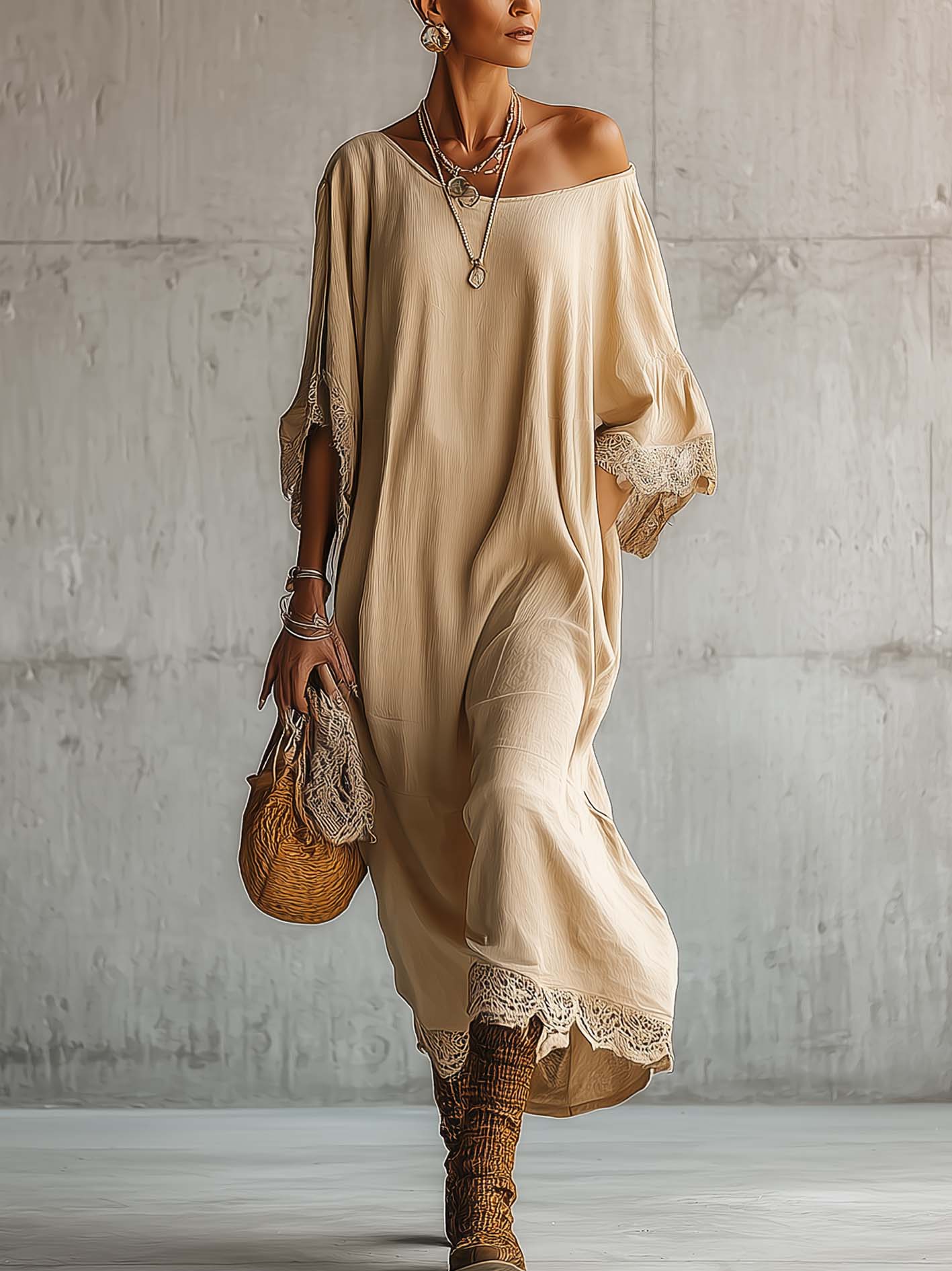 Beige One Shoulder Cotton Linen Maxi Dress With Lace Trim