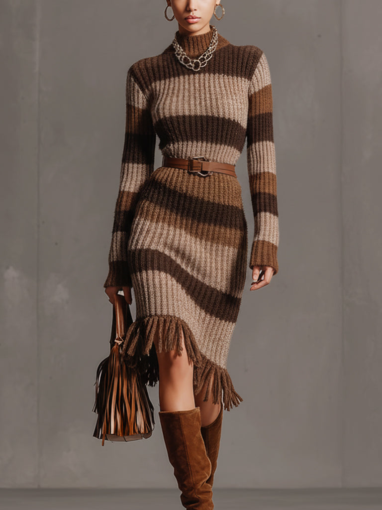Brown Striped Knit Turtleneck Long Sleeve Midi Dress
