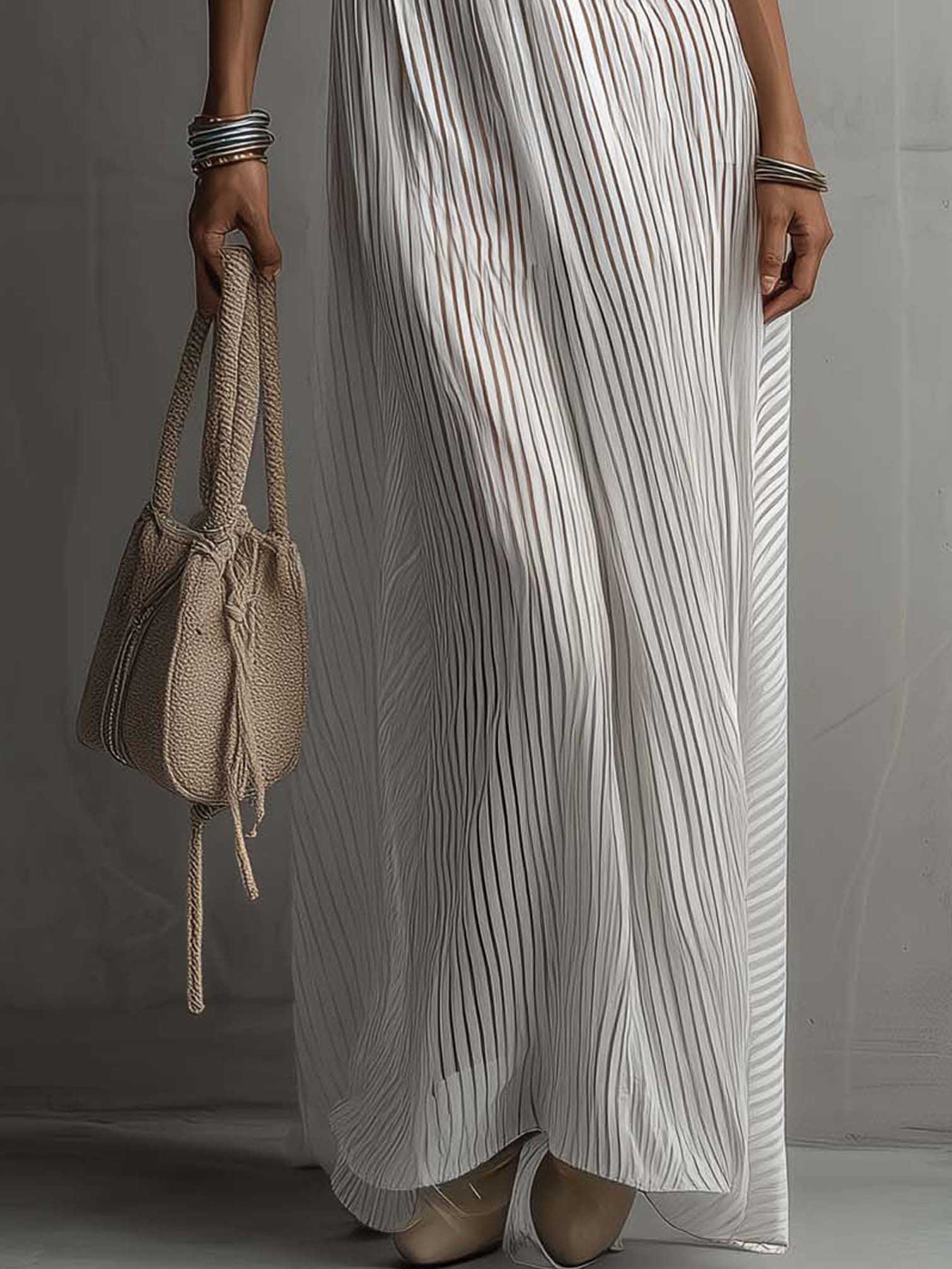 White Lace Trim Pleated Organza Maxi Dress