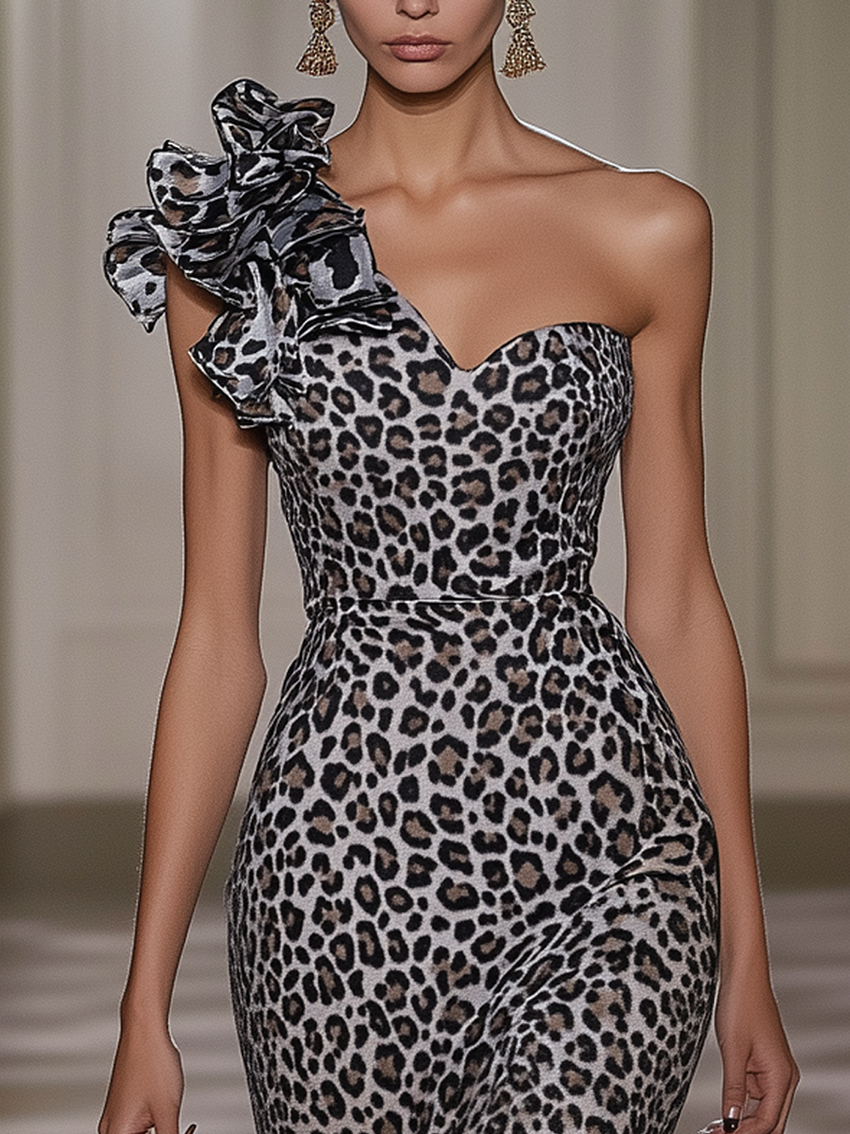 Ruffled Midi Bodycon Dress In Gray With Leopard Print