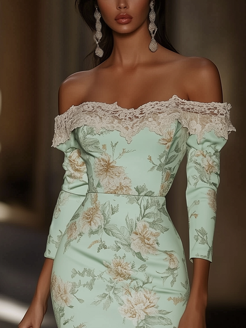 Off Shoulder Light Green Midi Bodycon Dress With Flowers And Lace