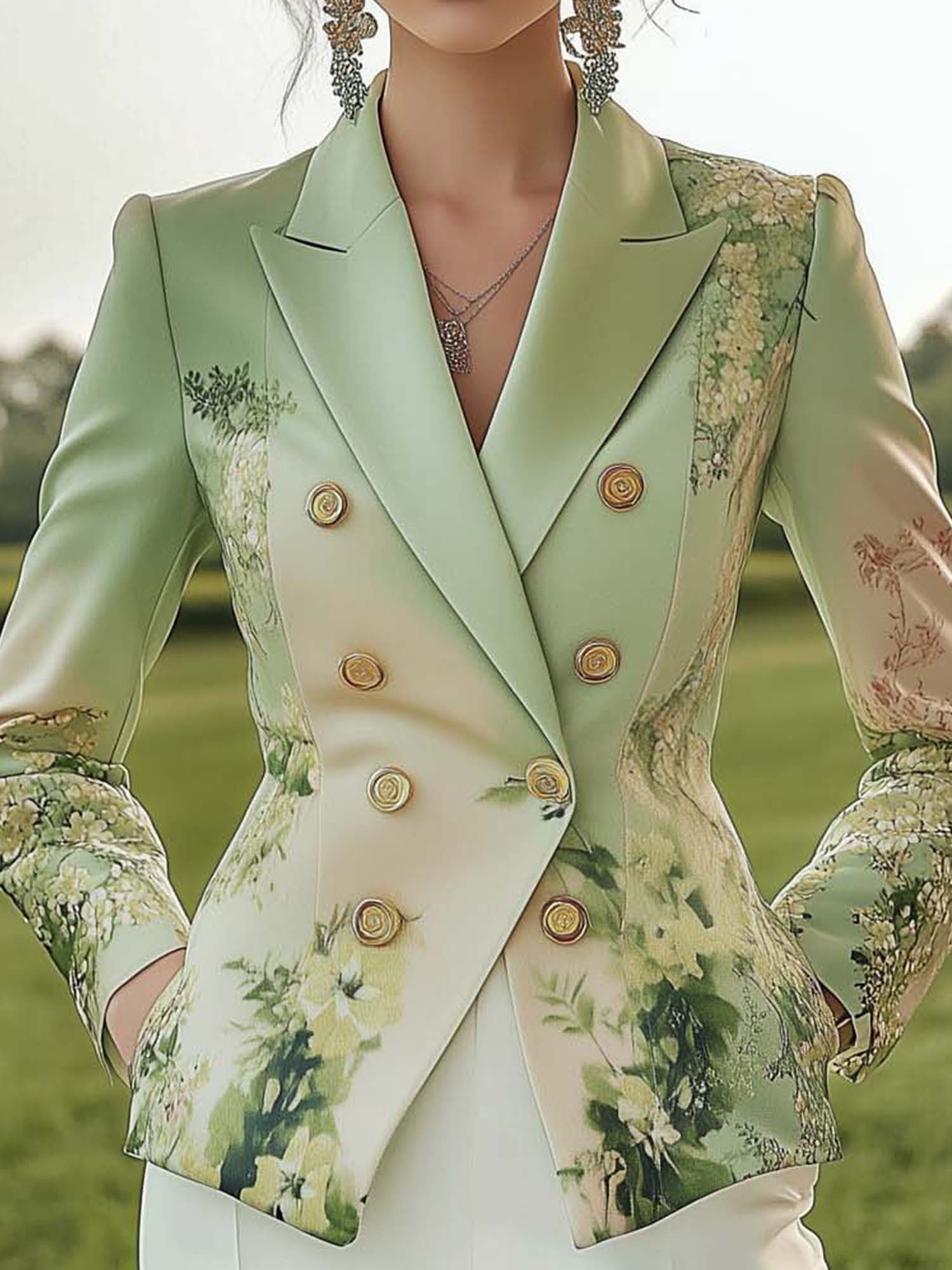 Green Blazer With Green Flowers And Gradient