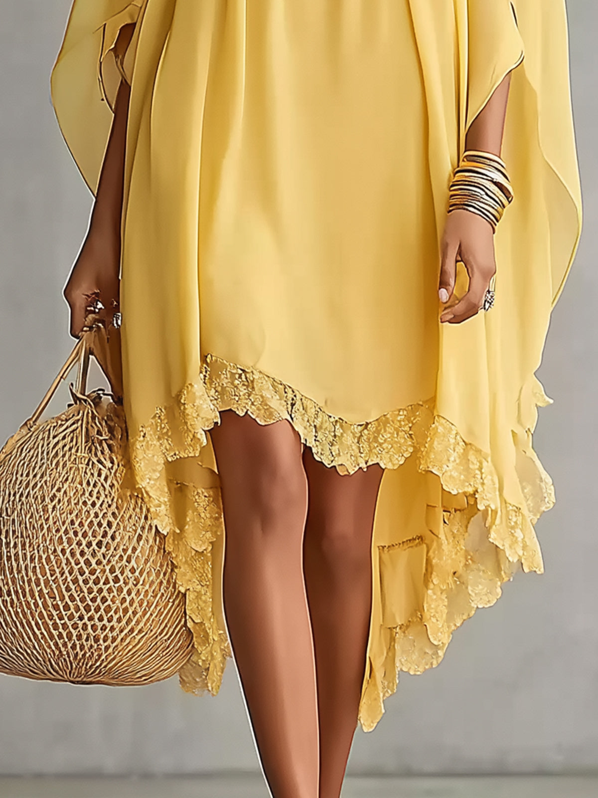 Yellow High-Neck Lace Trim Flowing Kaftan Dress
