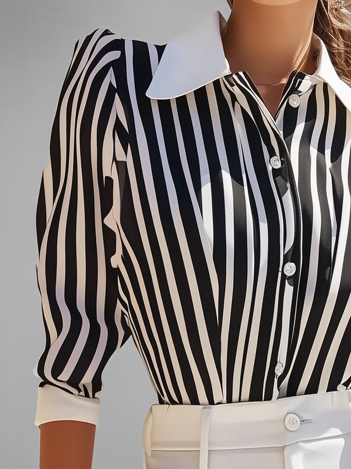 Black And White Striped Blouse With Contrasting Collar And Cuffs