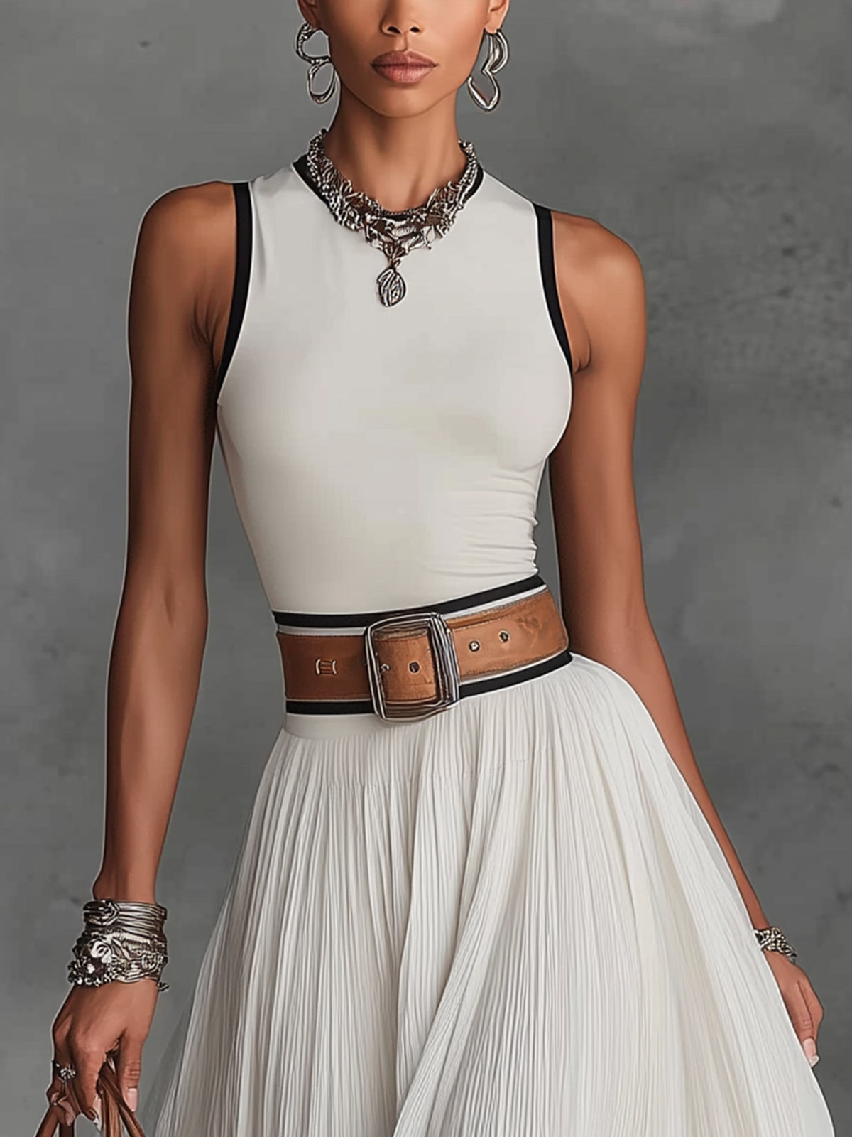 White Sleeveless Pleated Maxi Dress With Contrasting Brown Ruffled Hem