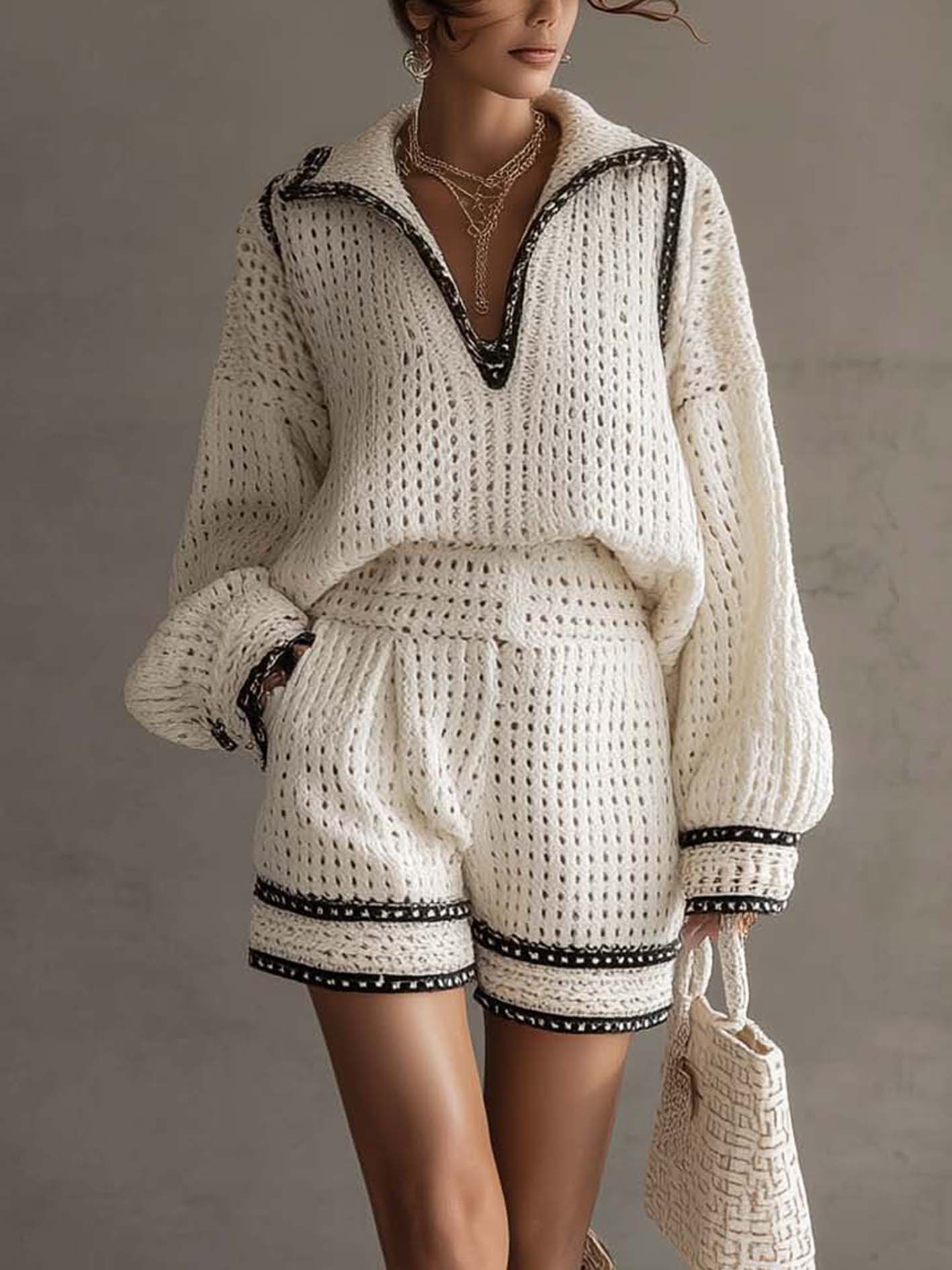 White Knit Textured Sweater Top And High-Waist Shorts With Black Trim Set