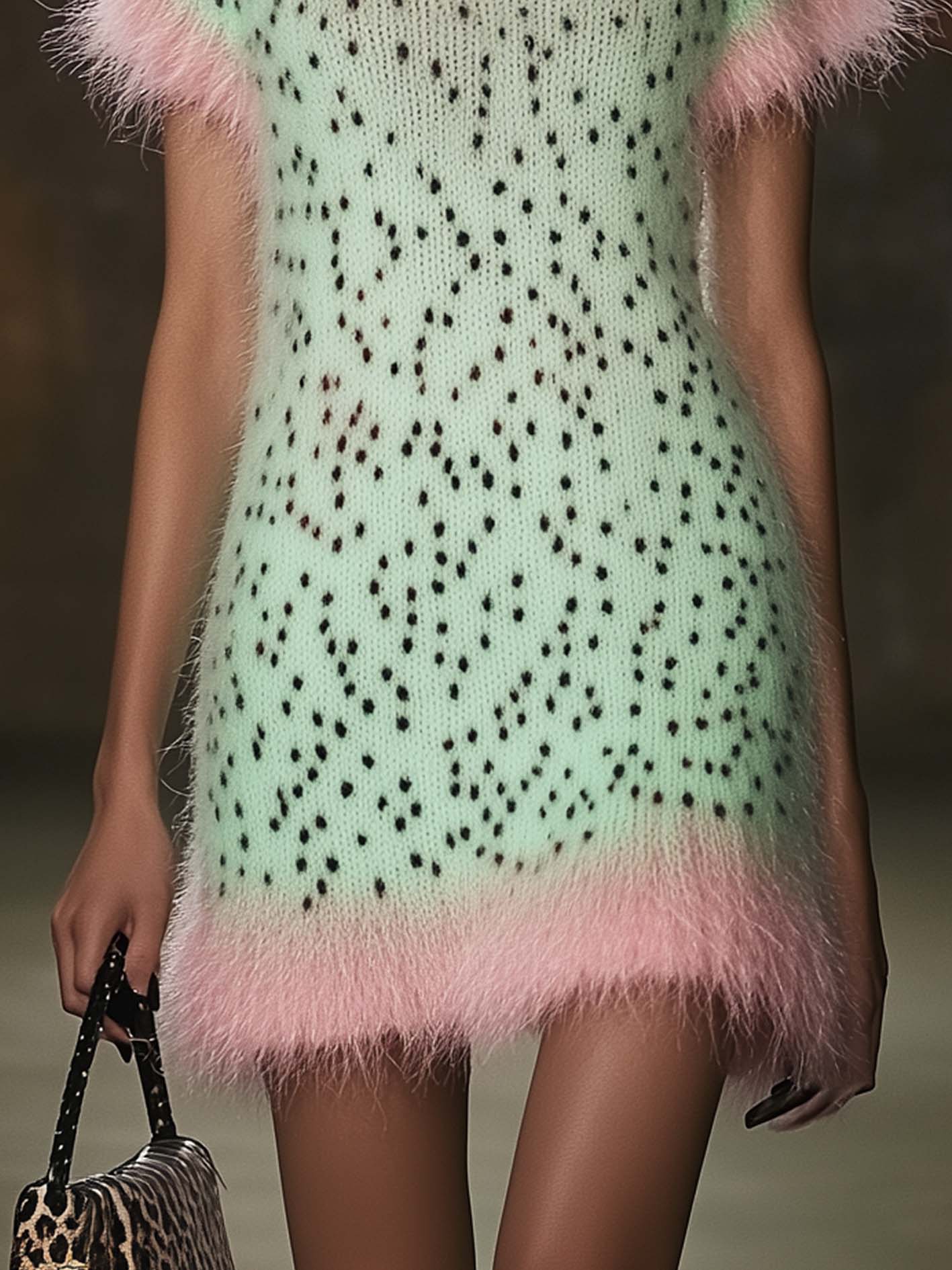 Green Knitted Mini Dress With Pink Mohair Trim And Leopard Print