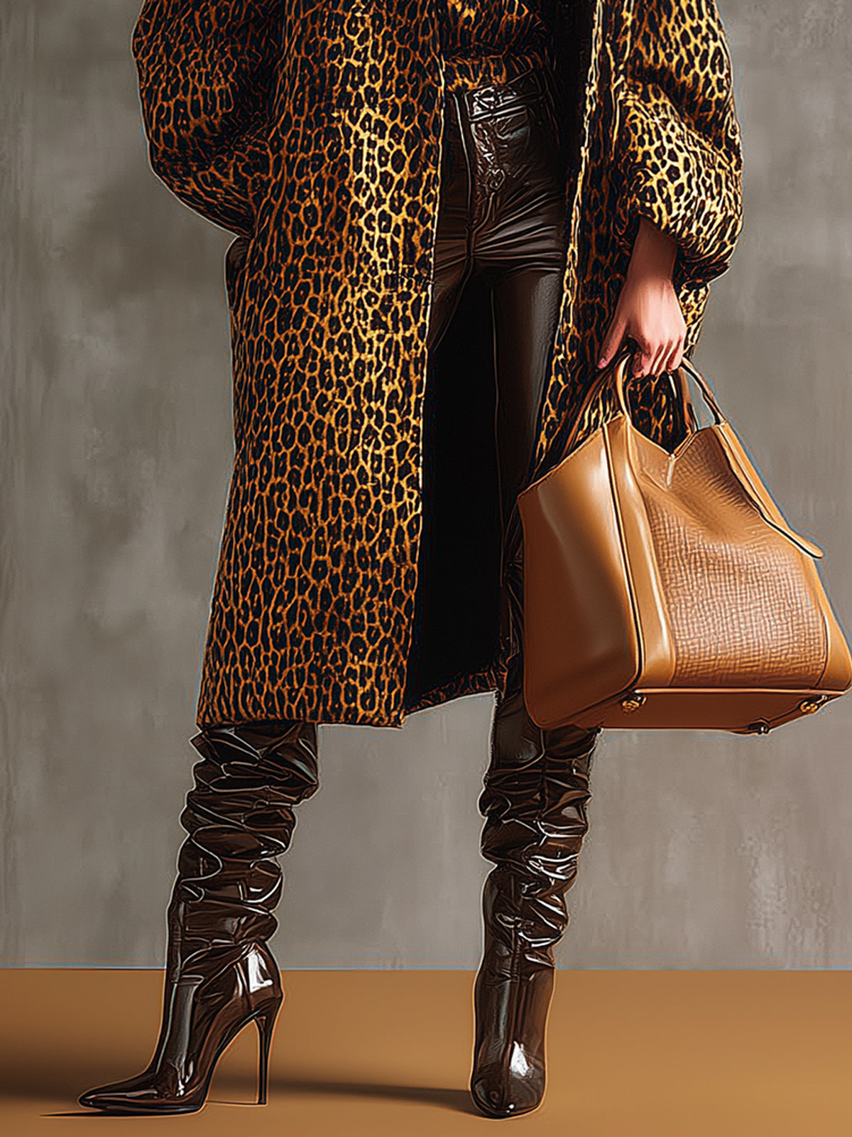 Brown Leopard Print Sheepskin Coat With Black Fur Collar