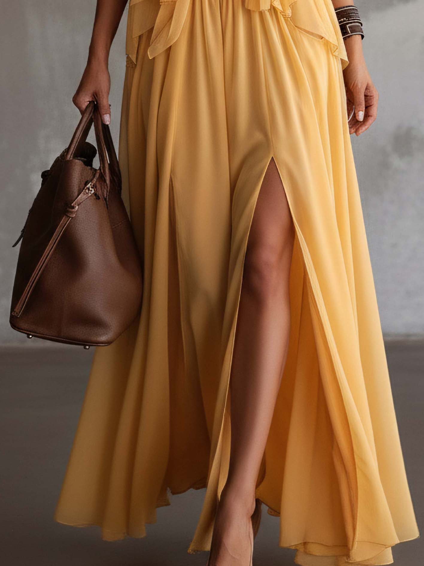Yellow Off Shoulder Chiffon Maxi Dress With Ruffled Neckline And Side Slit