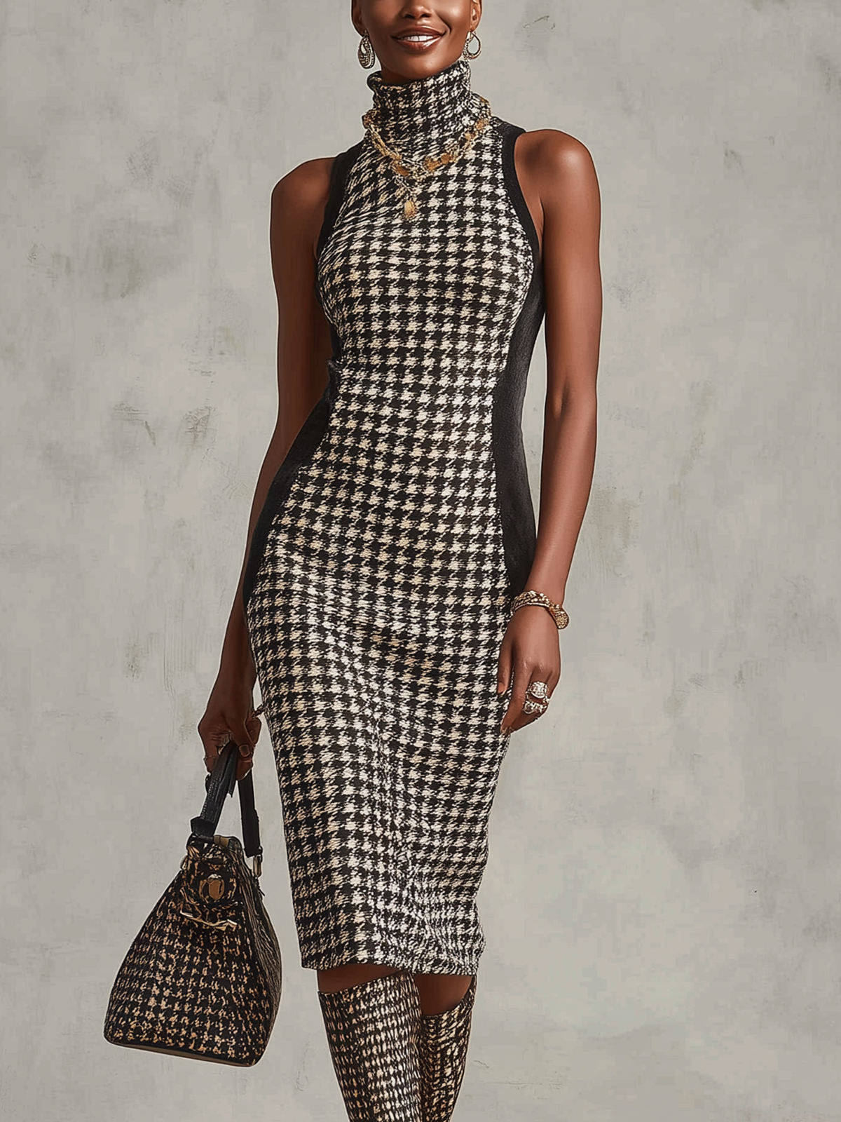 Monochrome Houndstooth Knit Sleeveless Turtleneck Midi Dress