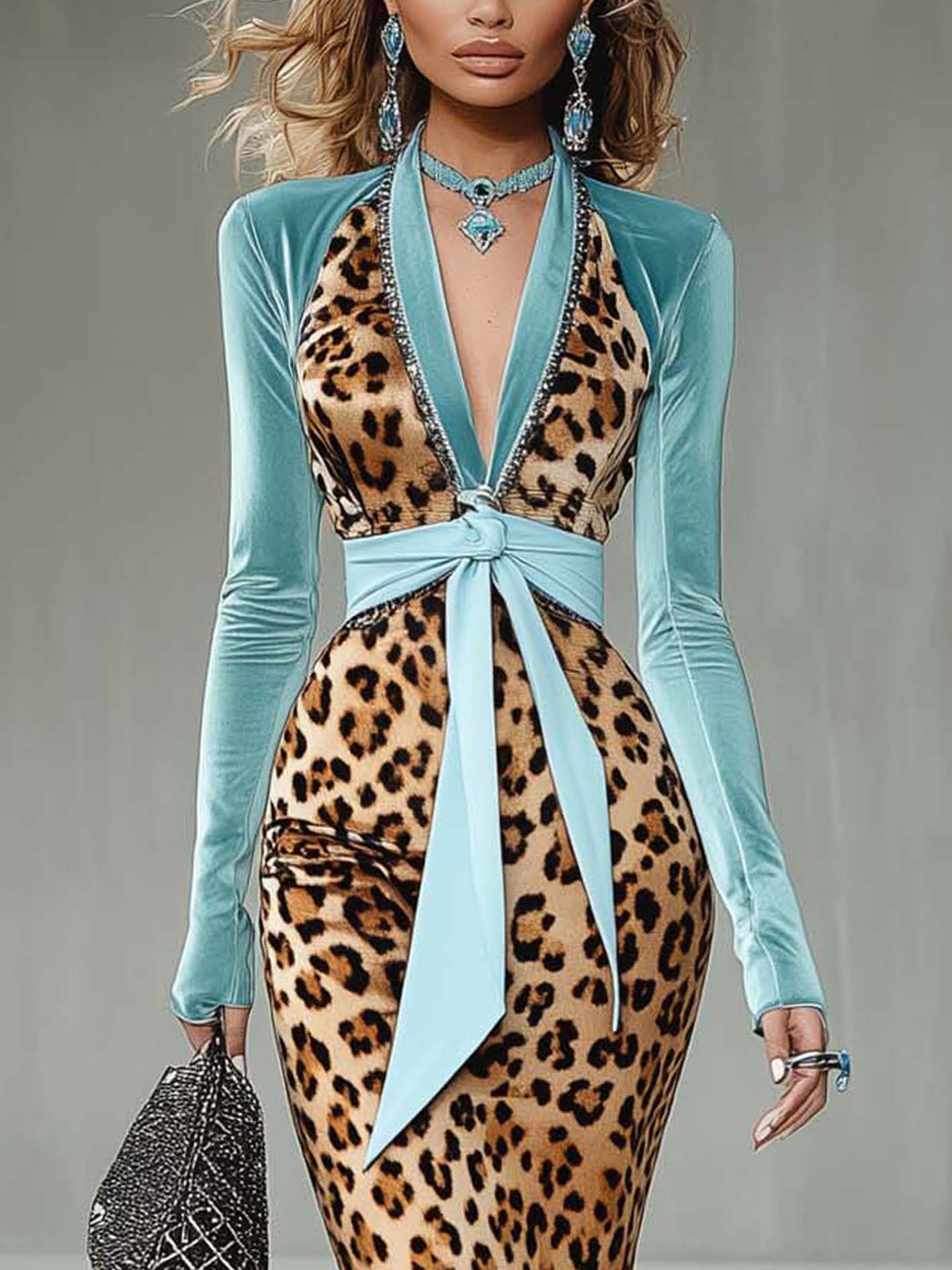 Sky Blue Velvet Bodycon Dress With Leopard Print And Ribbon
