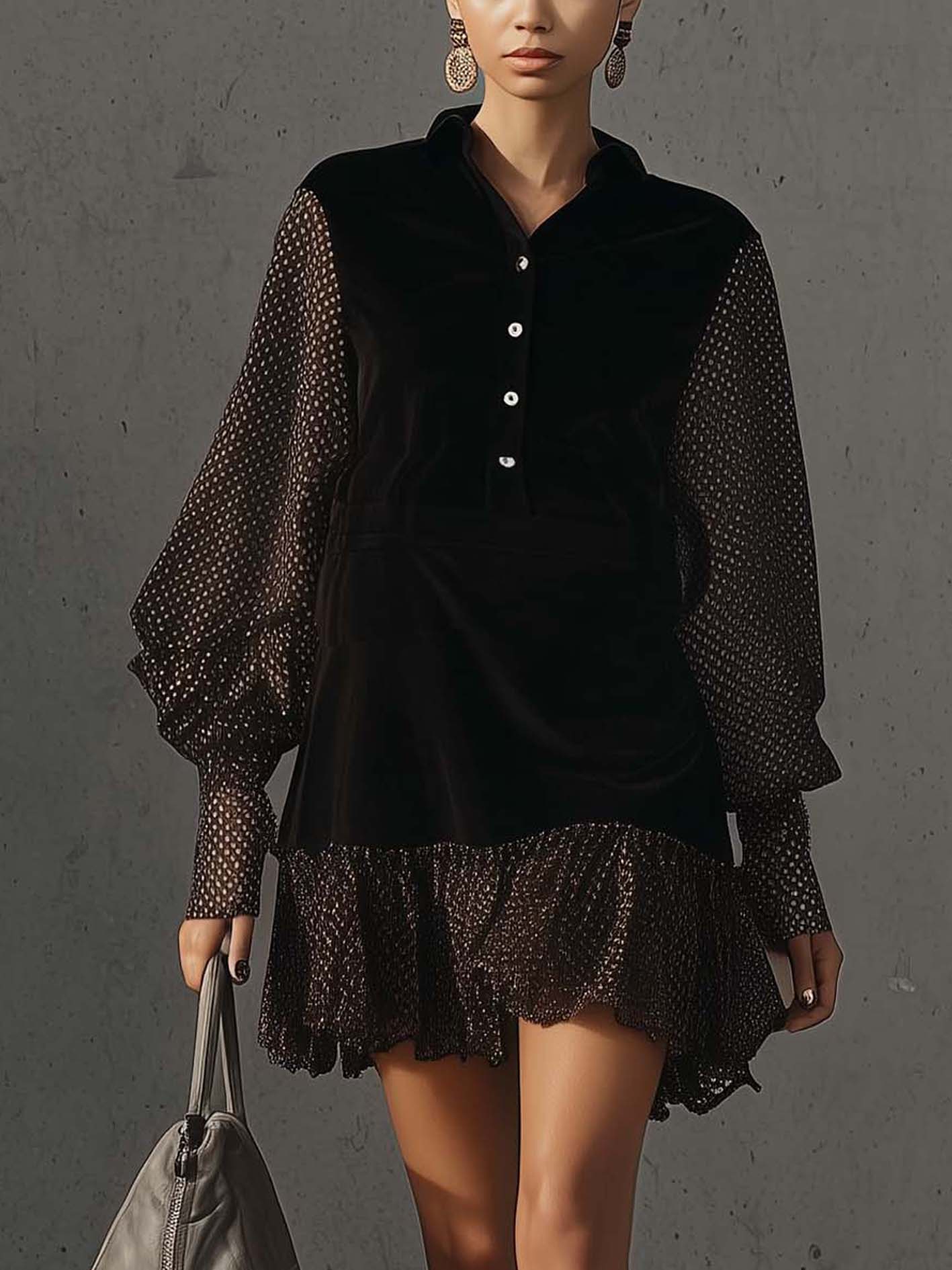 Black Velvet Mini Dress With Shimmering Polka Dots