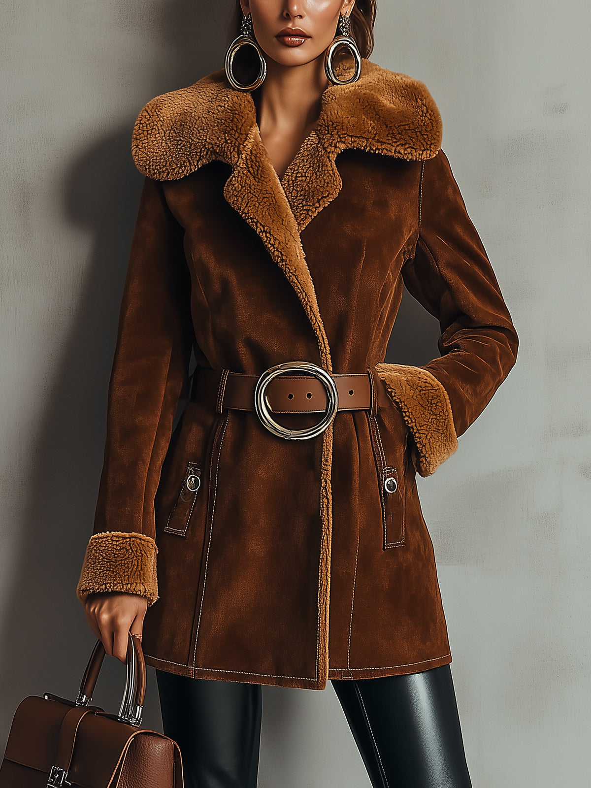 Brown Faux Suede Jacket With Shearling Trim And Belted Waist