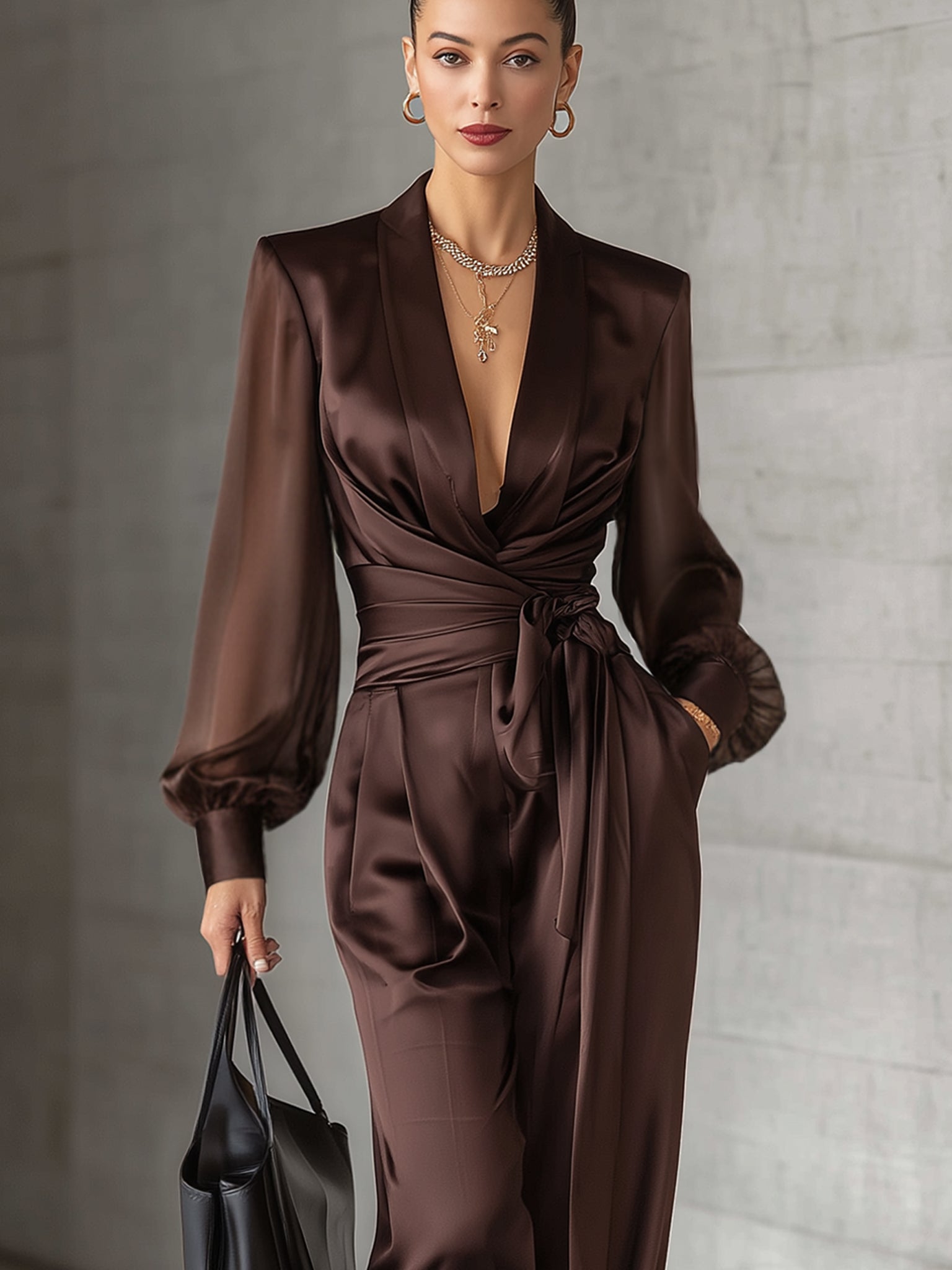 Chocolate Satin Blouse And Wide Leg Pants Set