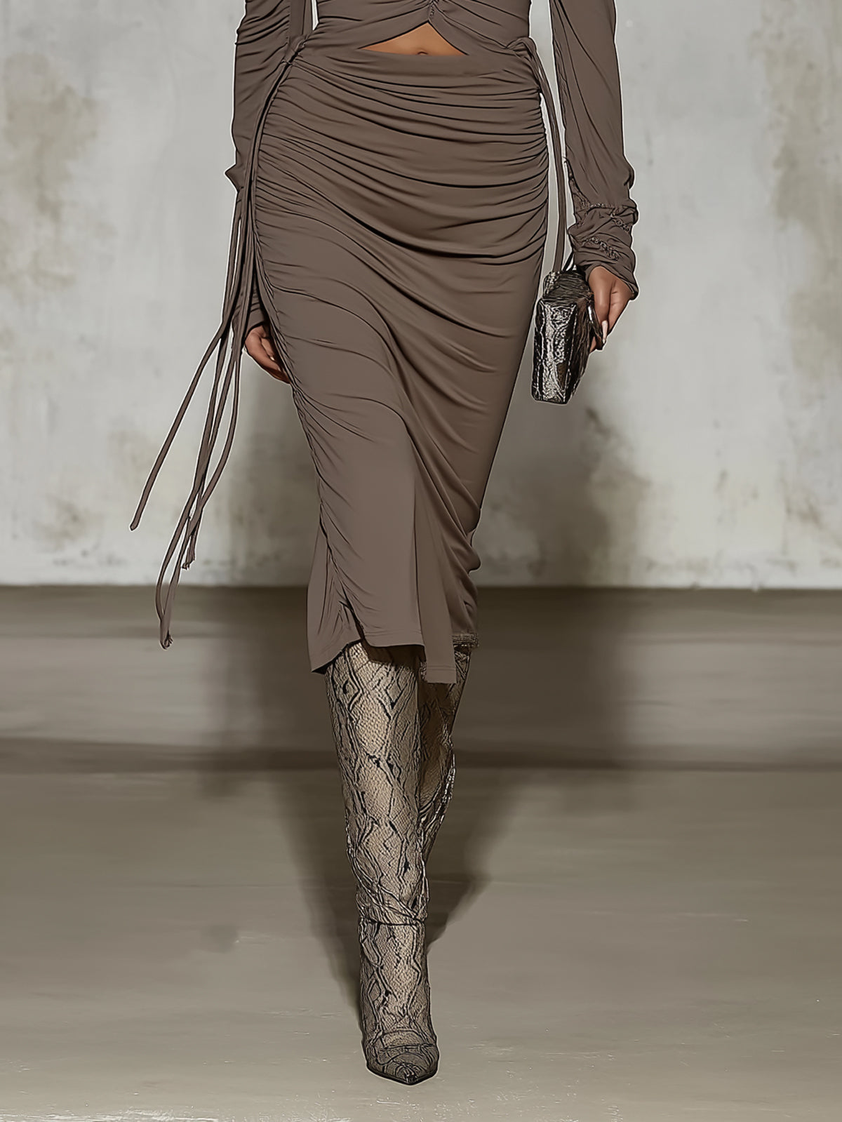 Gray Stretch Jersey Ruched Cut Out Square Neck Long Sleeve Midi Dress