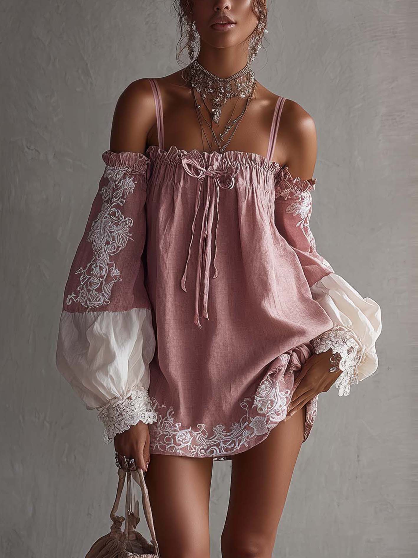 Pink And White Patchwork Embroidered Cotton Linen Off Shoulder Mini Dress