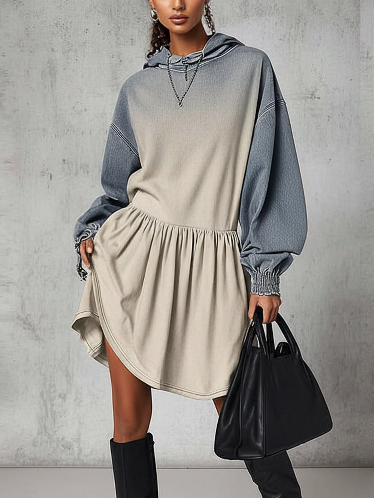 Blue Washed Gradient Denim Hoodie Long Sleeve Mini Dress