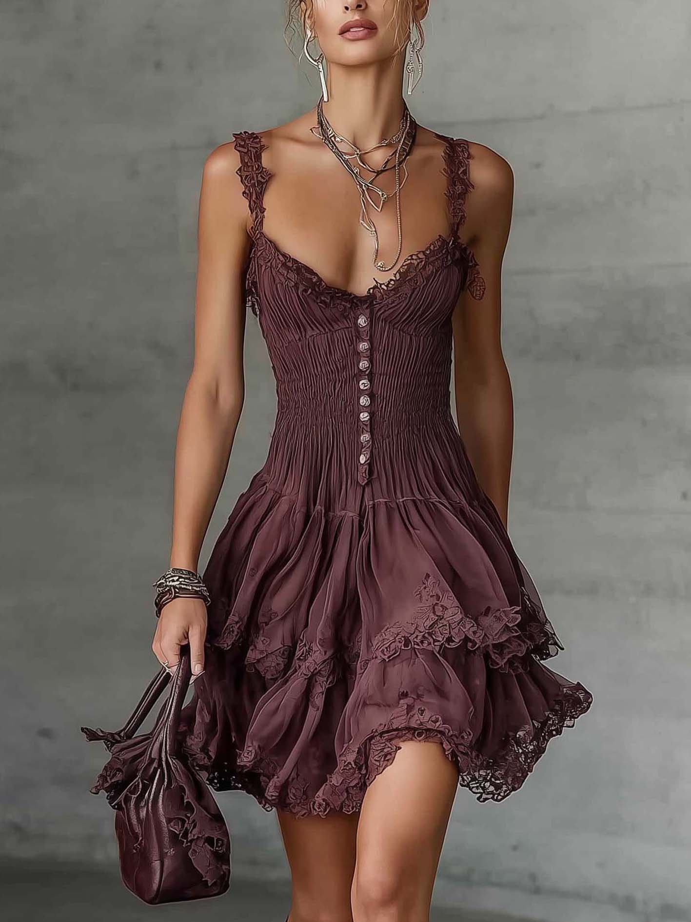 Wine Red Lace Smocked Button Front Mini Dress
