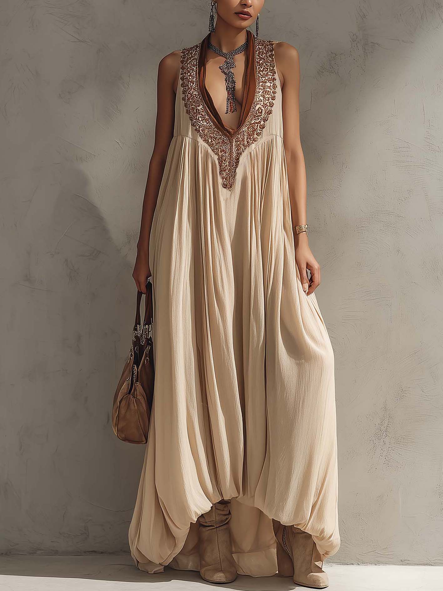 Beige Chiffon Maxi Dress With Brown Embroidered V-Neck