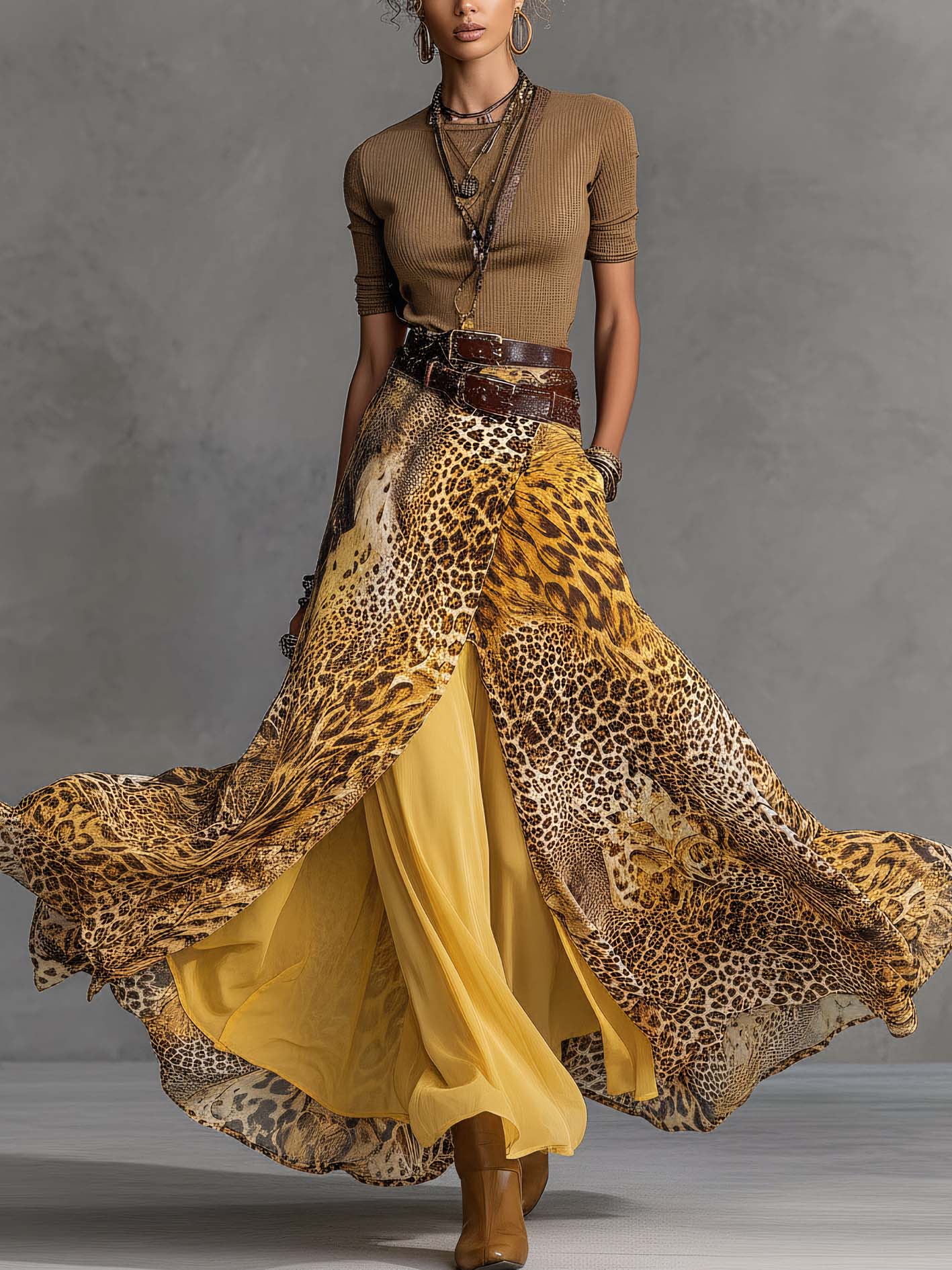 Khaki Ribbed Top And Leopard Print Double-Layer Chiffon Maxi Skirt Set
