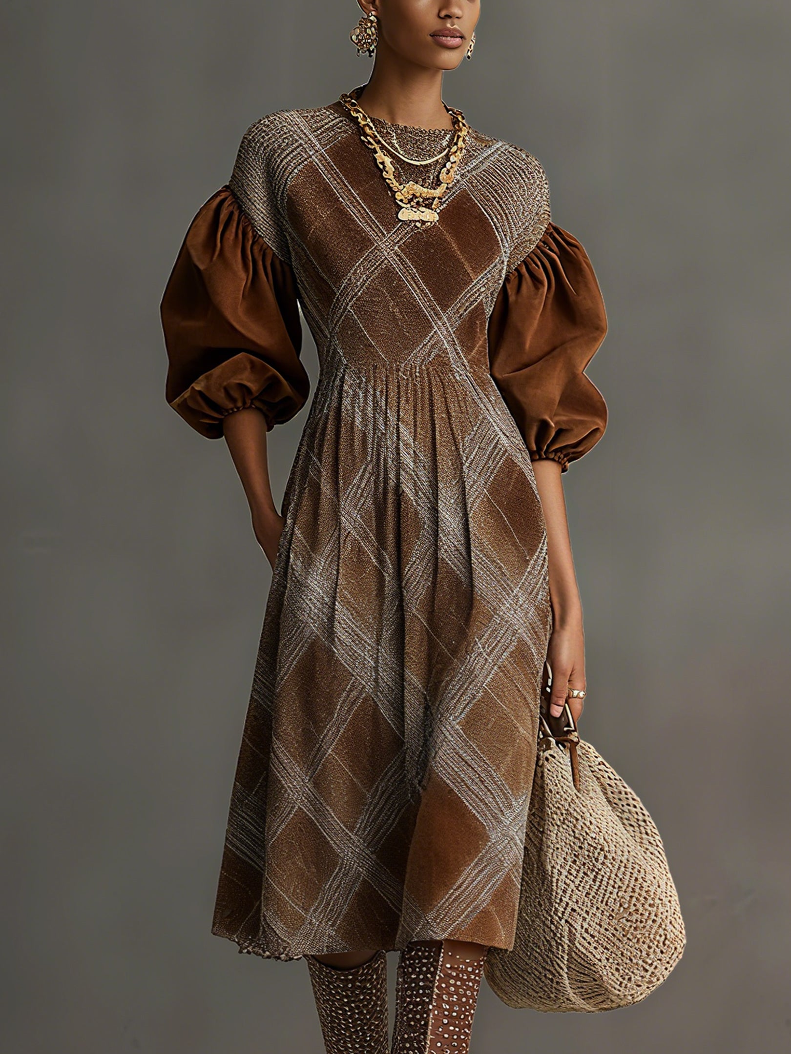 Brown Suede Plaid Puff Sleeve Midi Dress