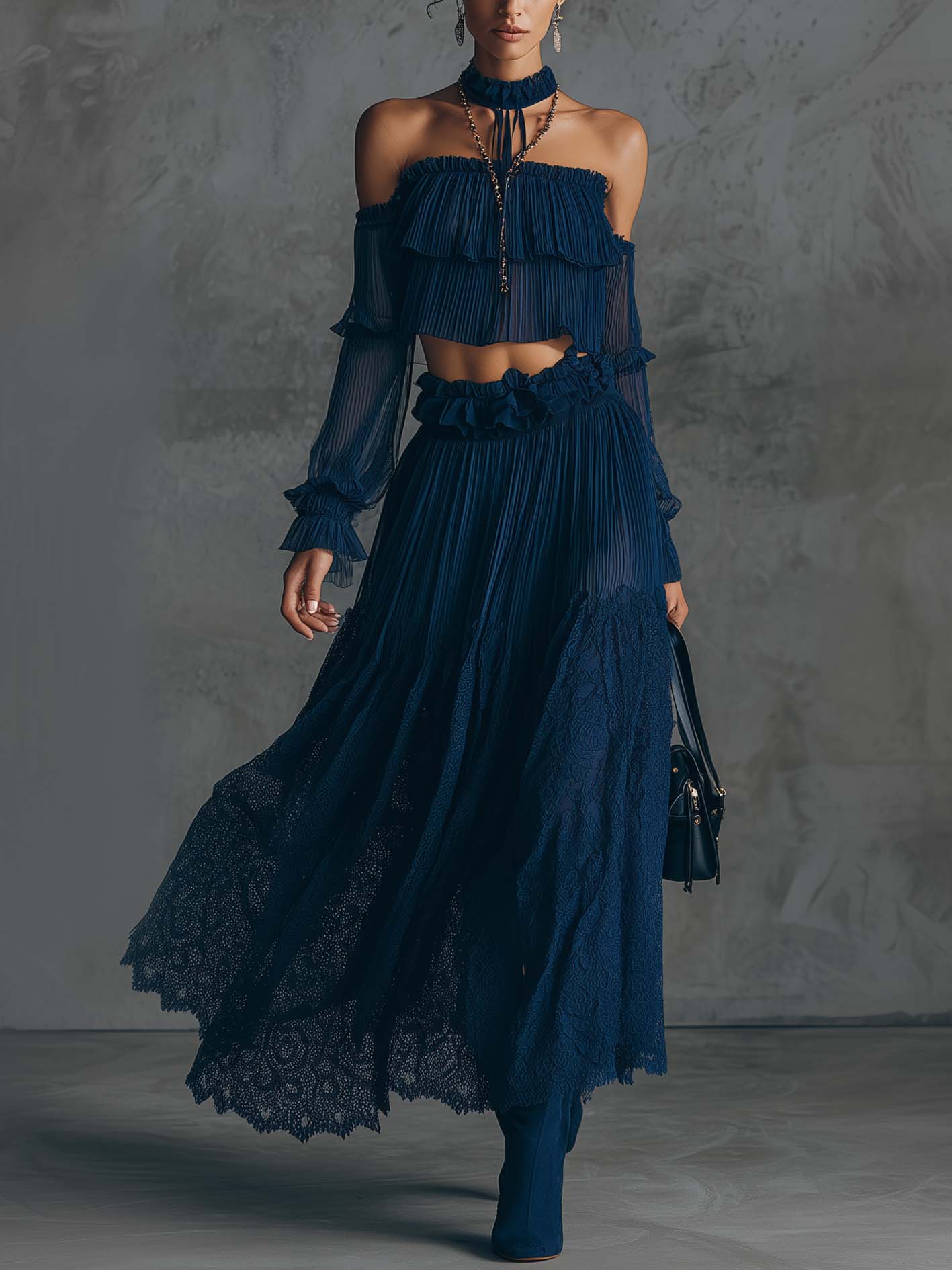 Navy Pleated Chiffon Lace Patchwork Off Shoulder Crop Top And Midi Skirt Set