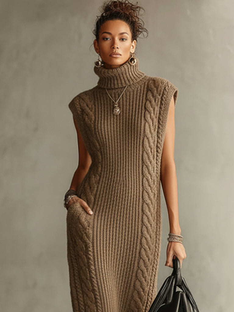 Khaki Sleeveless High-Neck Cable Knit Fringe Maxi Dress