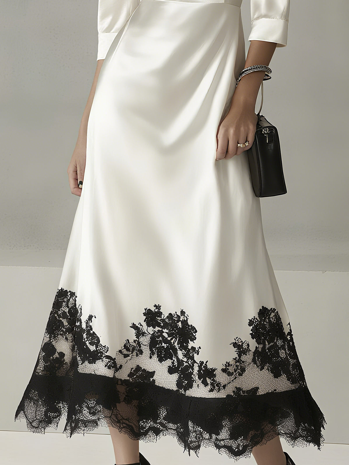 Ivory Satin Floral Lace Hem Square Neck Three-Quarter Sleeve Midi Dress
