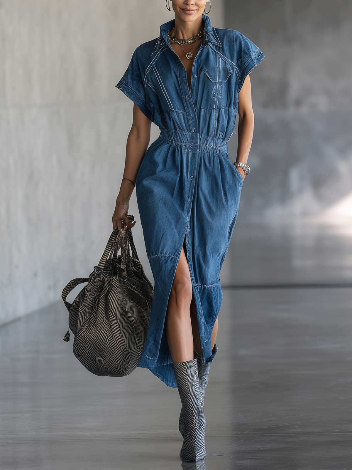 Indigo Button-Down Belted Midi Shirt Dress