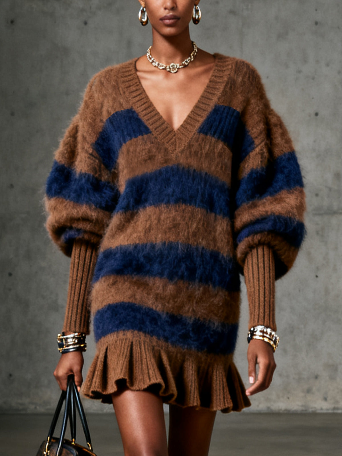 Brown And Navy Striped Fuzzy Knit Sweater Dress