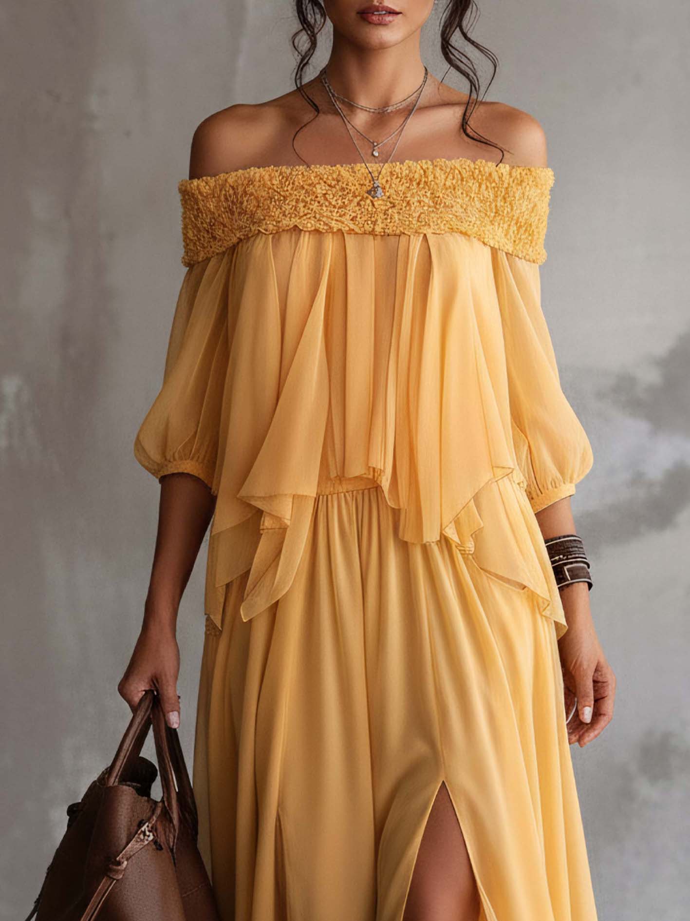 Yellow Off Shoulder Chiffon Maxi Dress With Ruffled Neckline And Side Slit