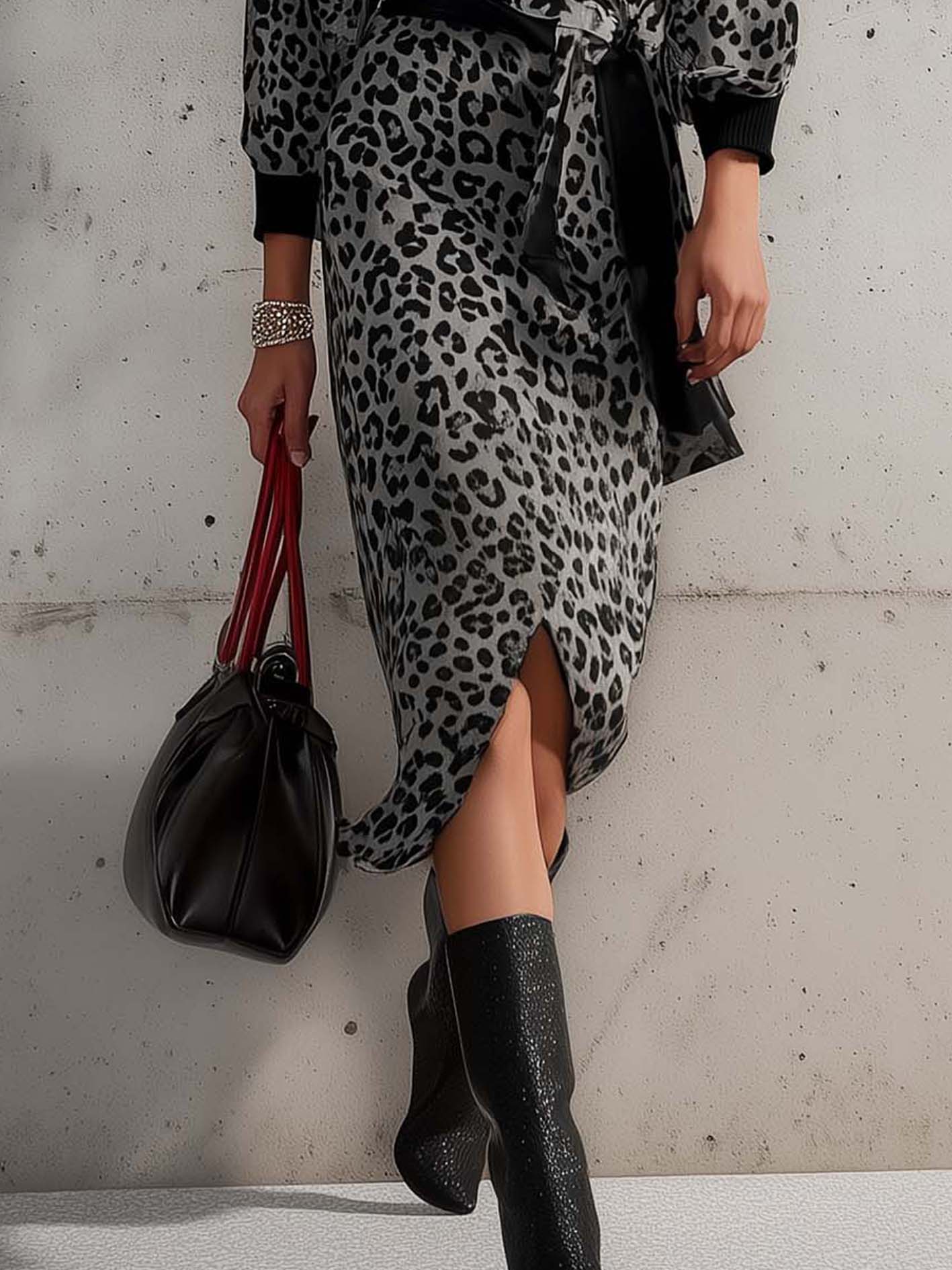 Gray Velvet Midi Dress With Black Leopard Print And Belt