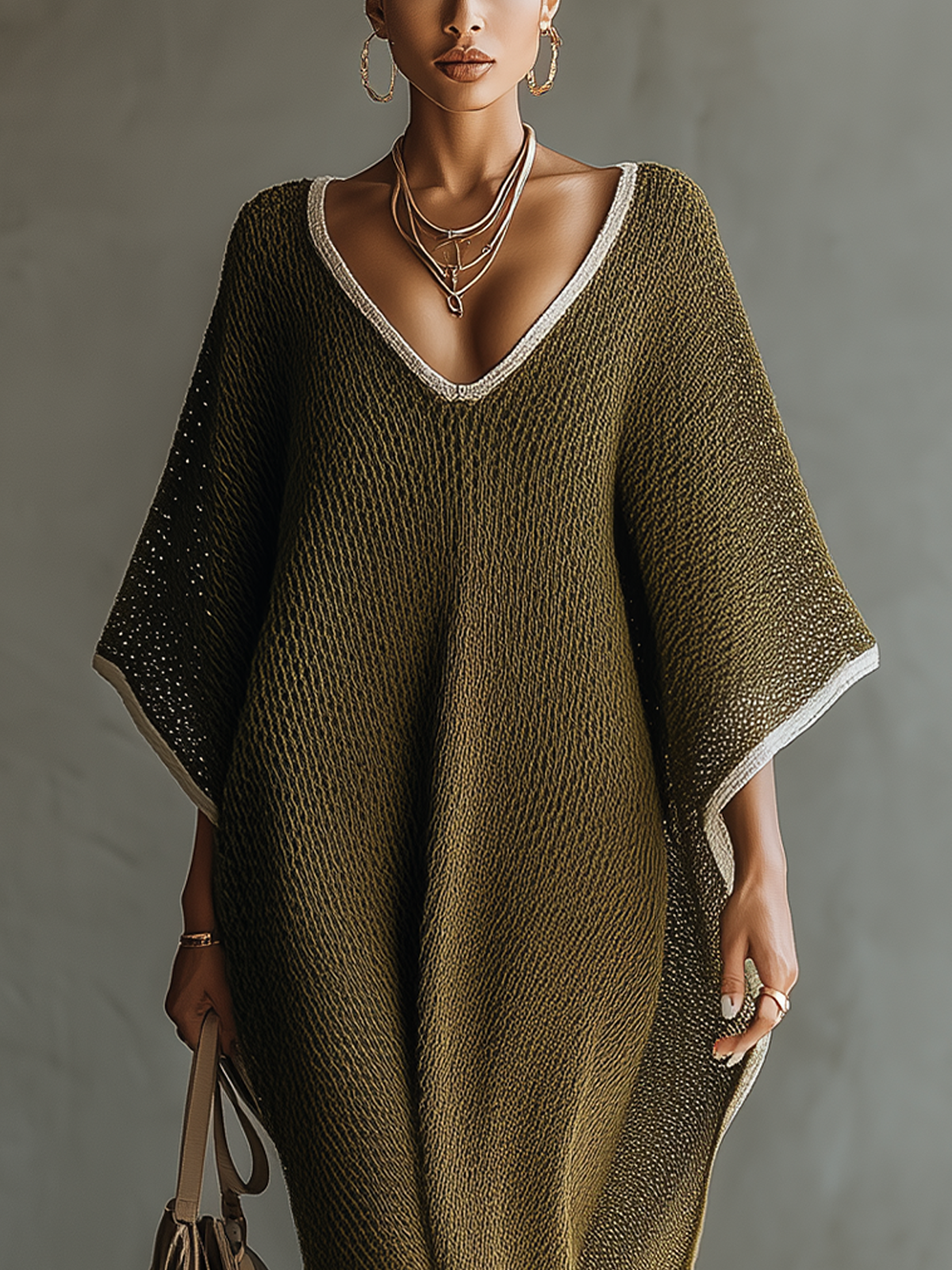 Olive Drape Textured Knit V-Neck Kaftan Midi Dress