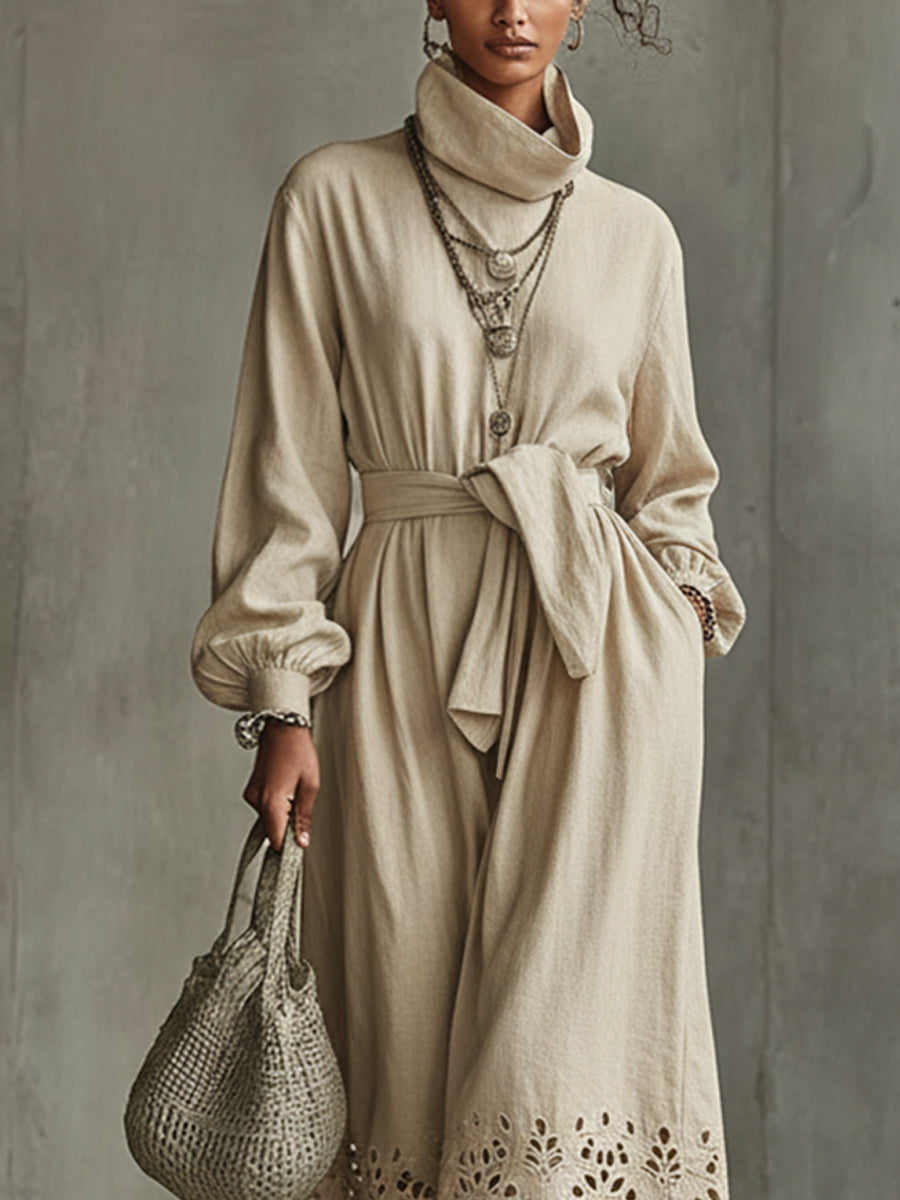 Beige Embroidered Cotton Linen Tie Waist Maxi Dress