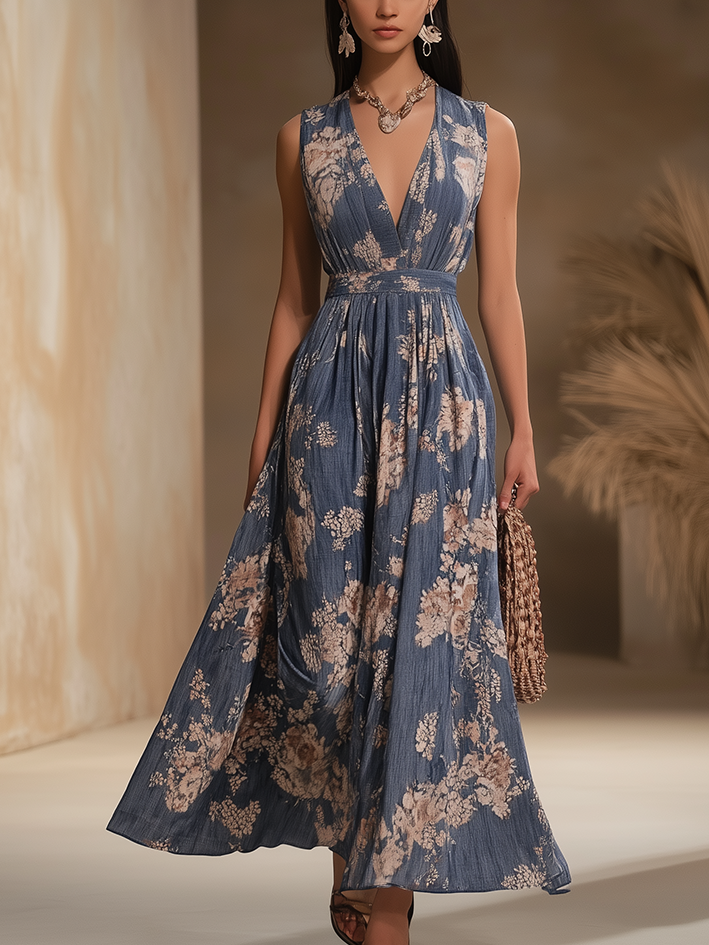 V-neck Dark Blue Sleeveless Maxi Dress With Beige Floral Print