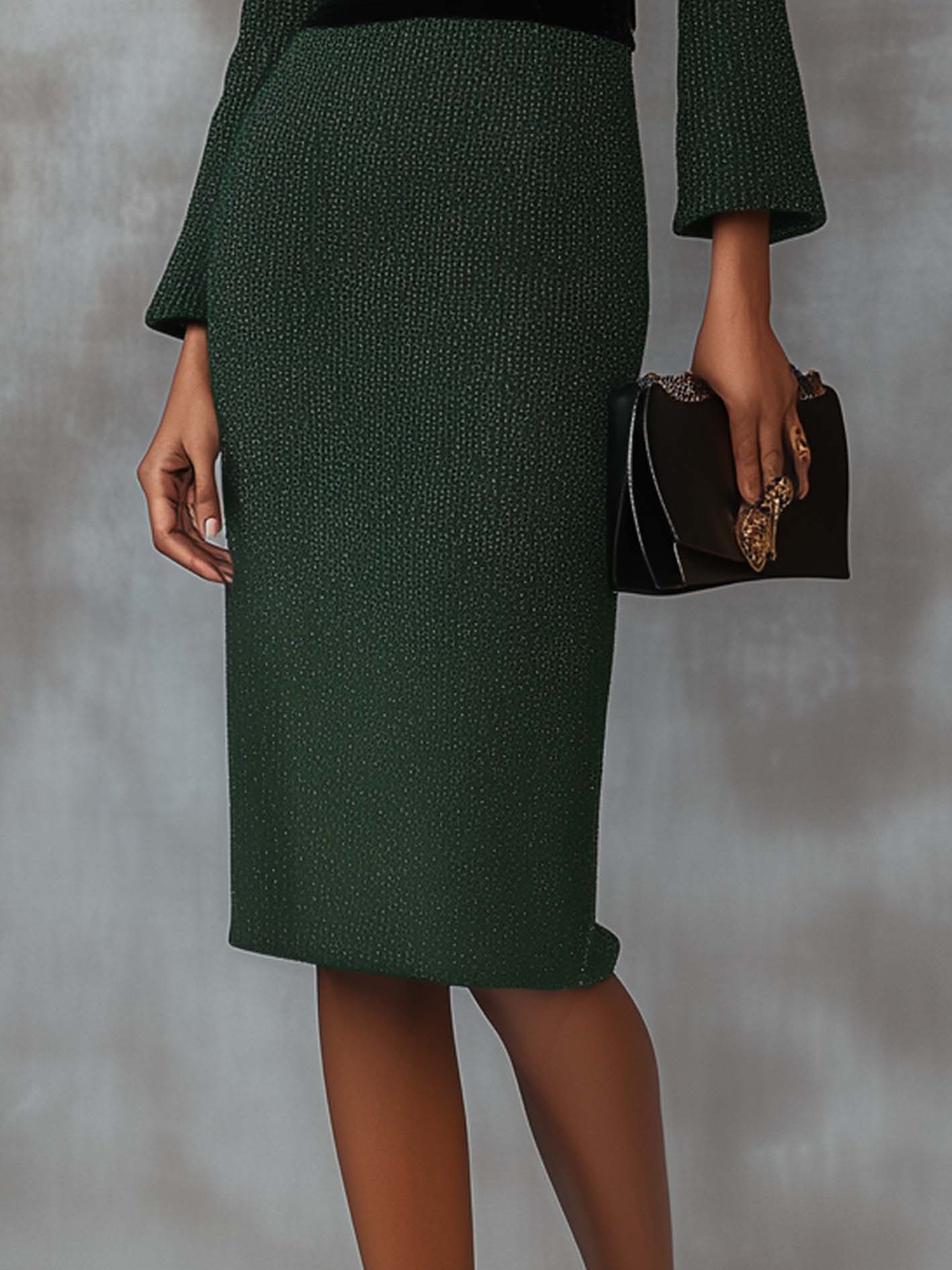 Emerald Green Knitted Midi Dress With Black Neckline And Belt