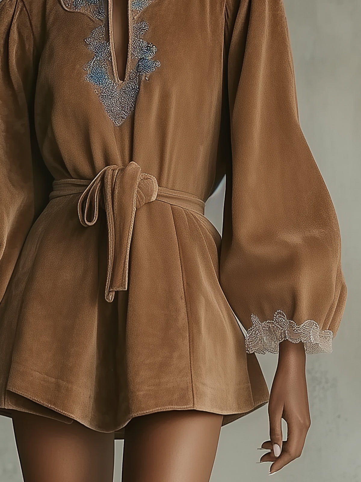 Light Brown Suede Mini Dress With Embroidered Neckline And Lace Cuffs