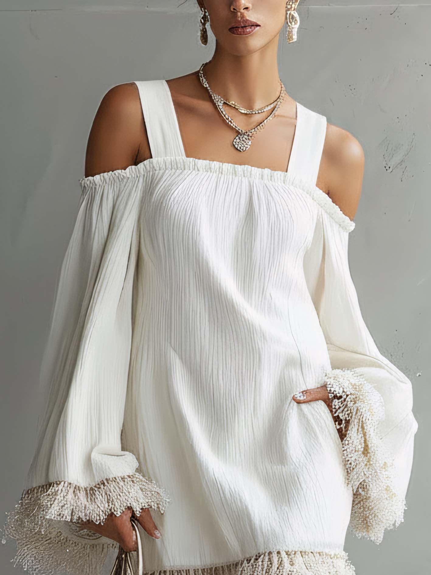 White Cotton-Linen Mini Dress With Tassel Trim And Shoulder Straps