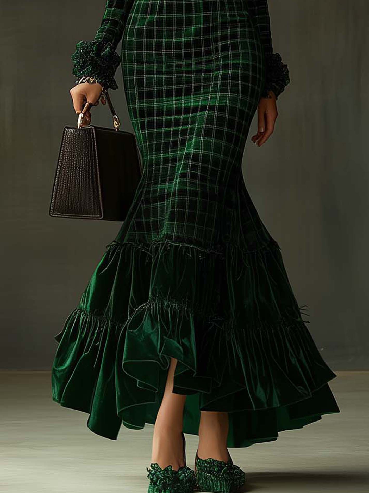 Green Velvet Maxi Dress With Plaid Patchwork Ruffles