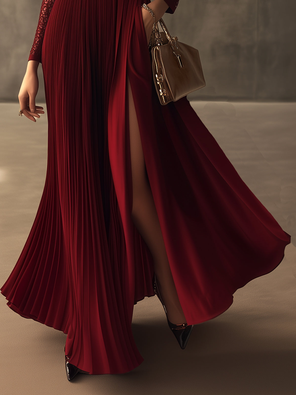Red Lace Panel Pleated Slit V-Neck Long Sleeve Maxi Dress