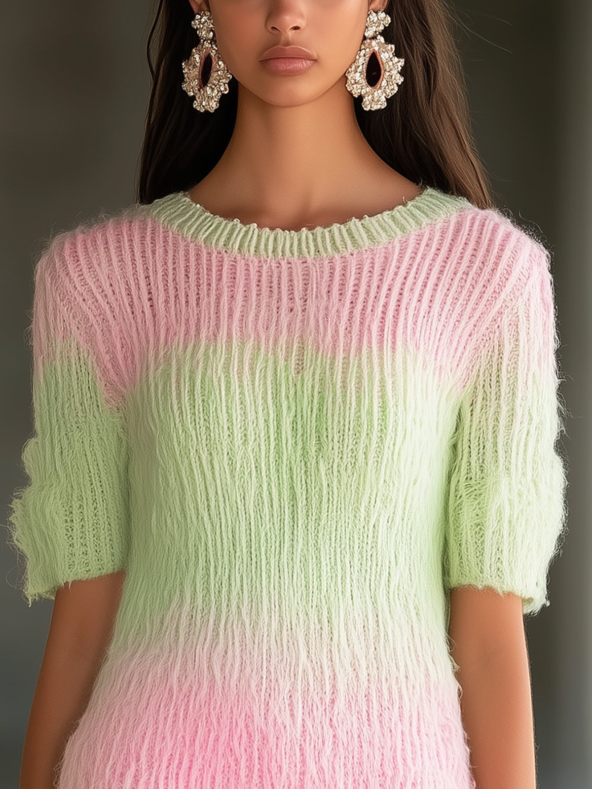 Soft Ombre Mohair Knit Mini Dress With Short Sleeves