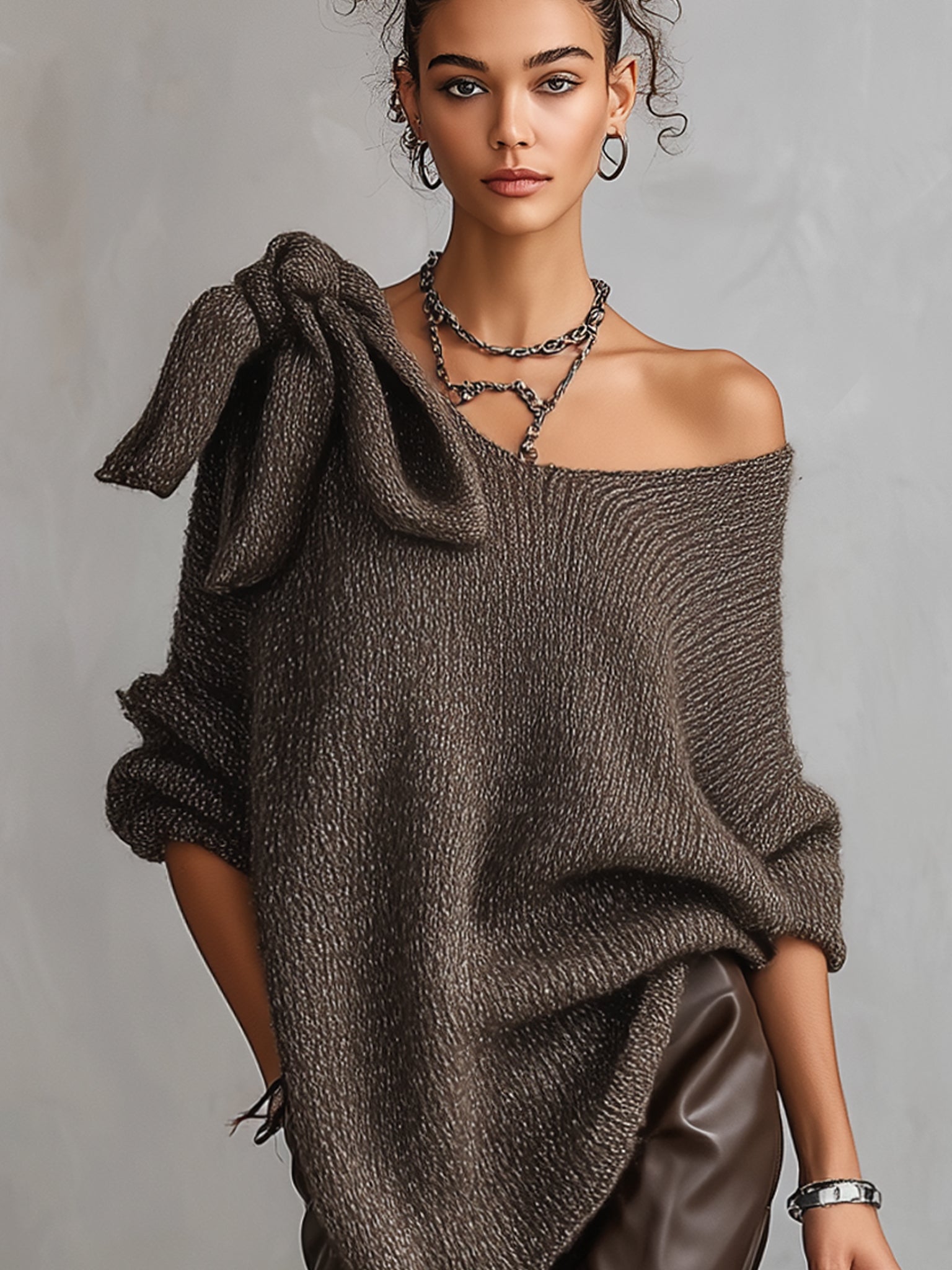 Taupe Loose V-Neck Sweater With Bow Detail