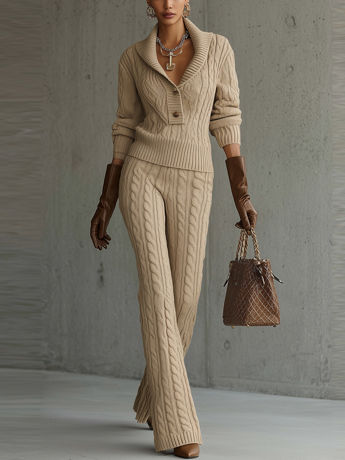 Camel Cable Knit Collared Sweater And Pants Set