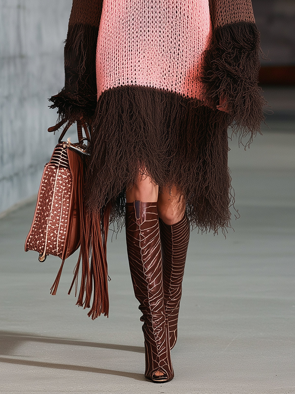Pink Bohemian Fringed Colorblock Knit Skater Dress