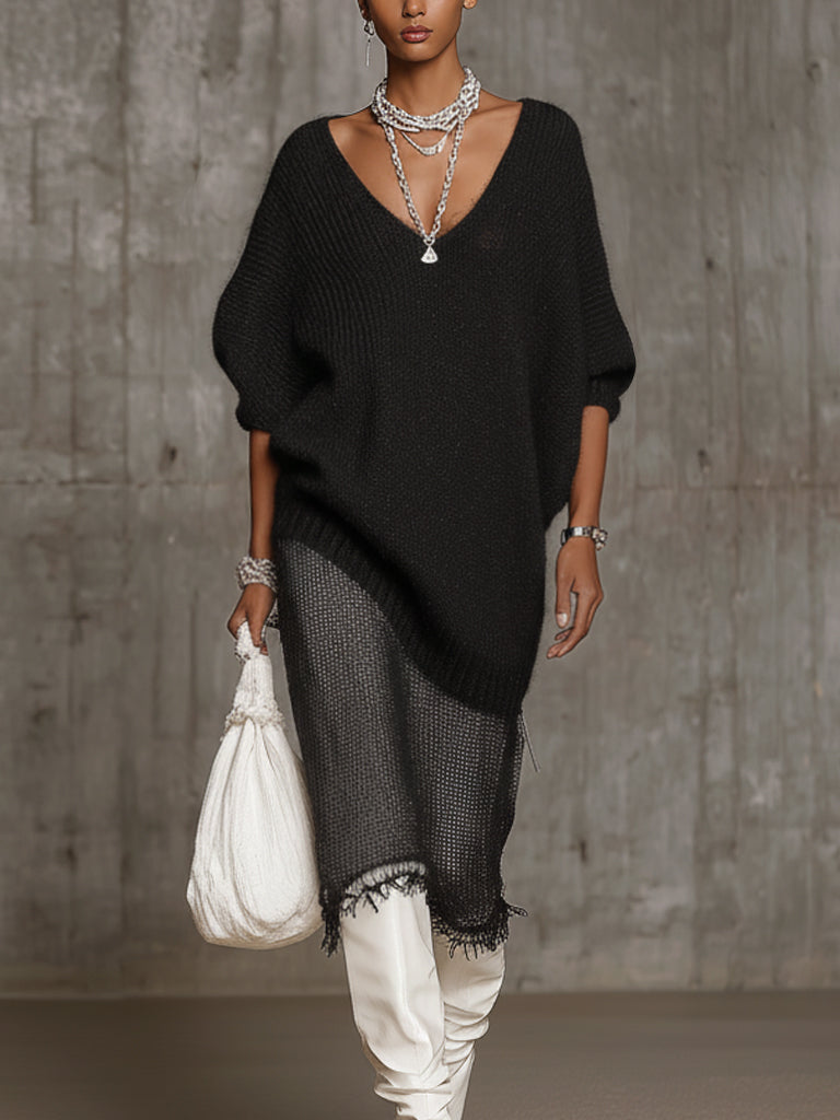 Gray Knit Oversized Sweater And Tulle Knit Midi Skirt Set