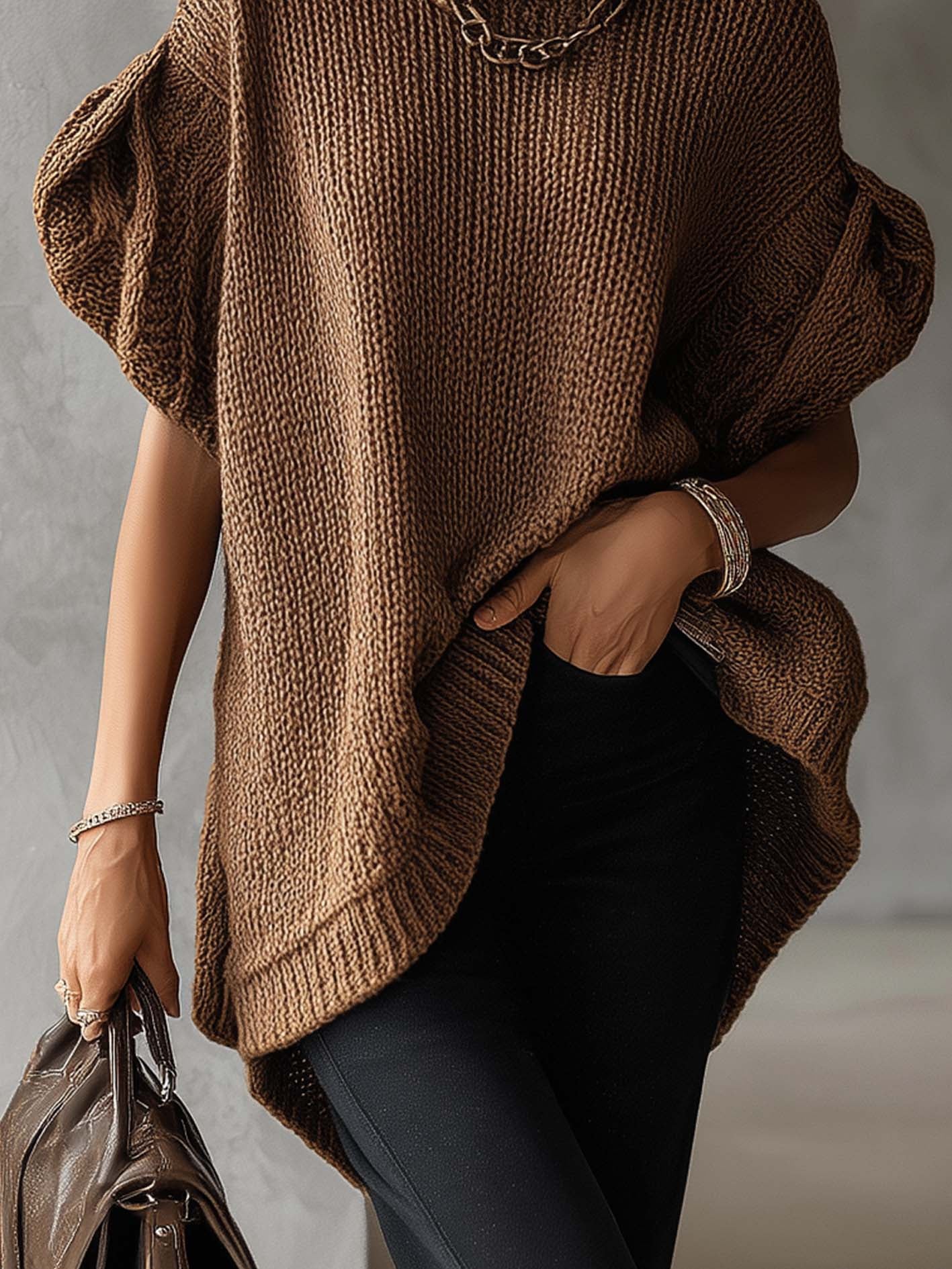 Brown Turtleneck Short Sleeve Chunky Knit Sweater