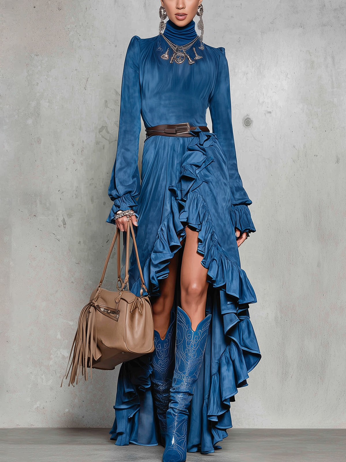 Blue High-Low Ruffled Faux Suede Dress With Belted Waist