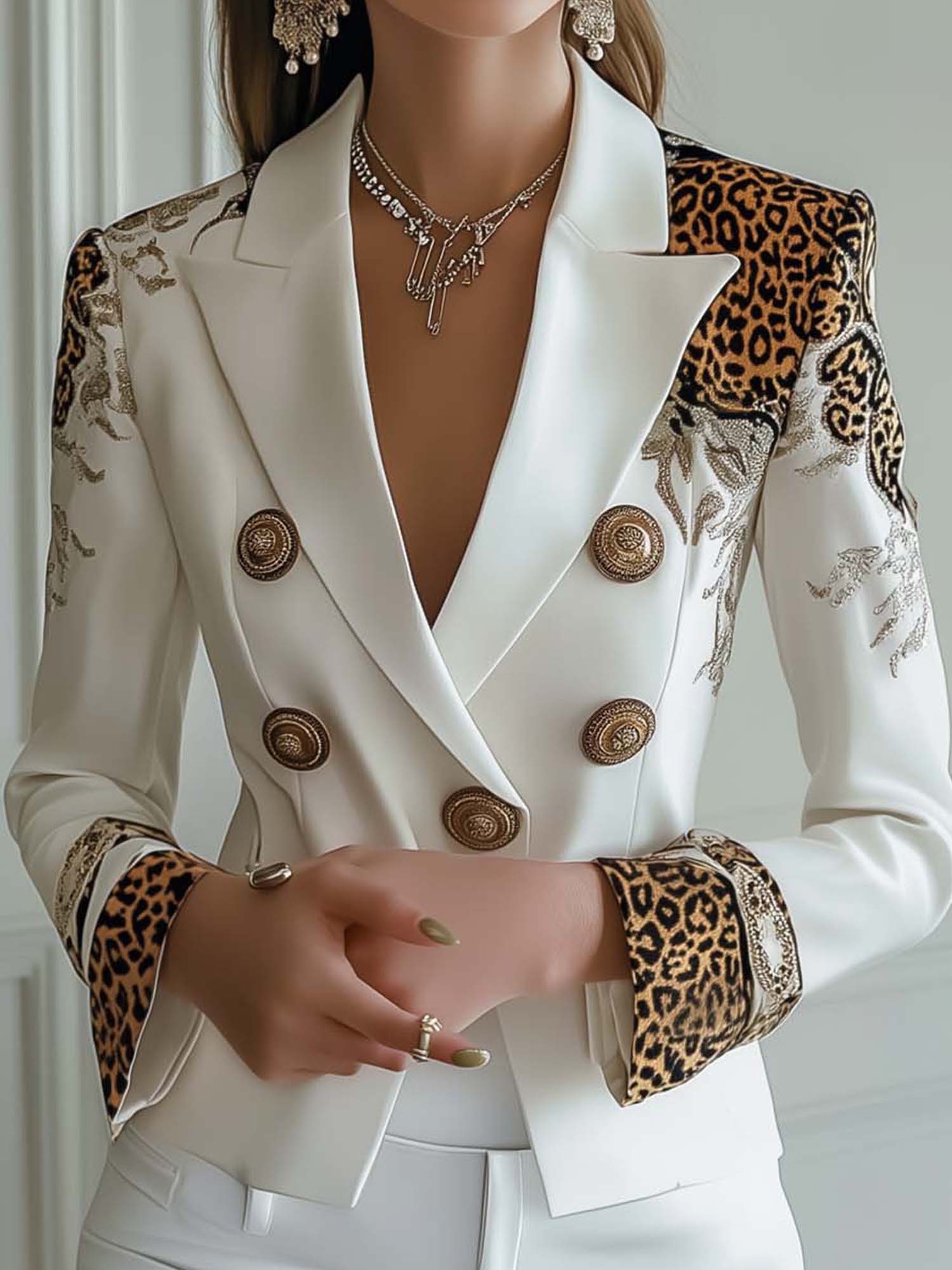Stylish Lady White Satin Blazer With Leopard Print
